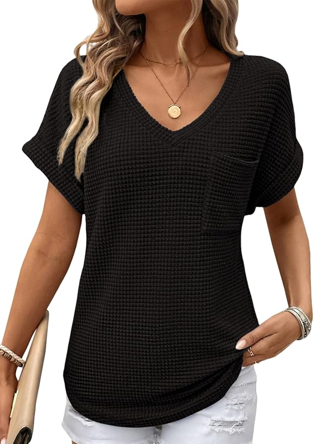 Dokotoo Waffle Knit V Neck Trendy Blouse